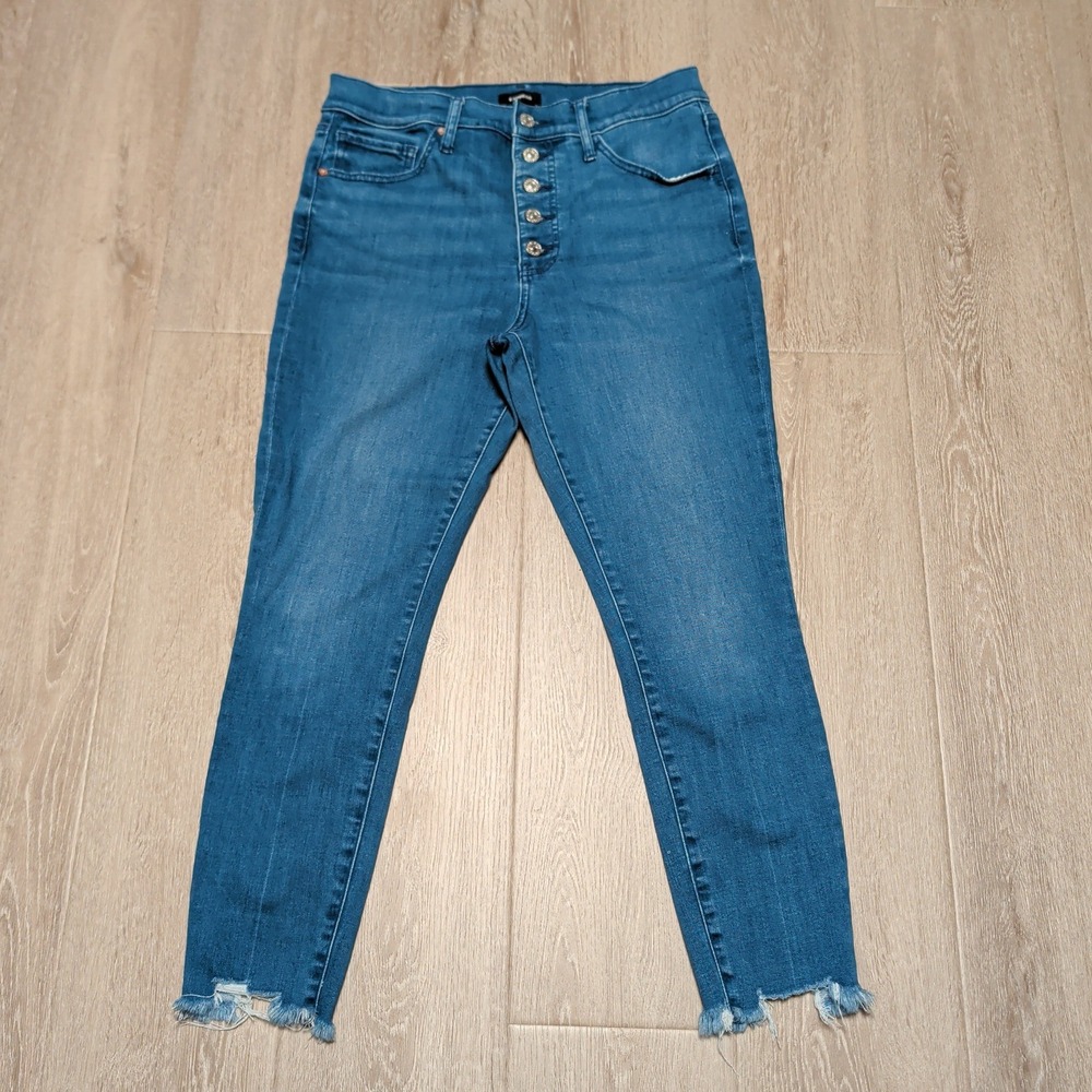 Express Cropped Skinny Jeans Women 10R Blue High Rise Raw Hem Button Fly 30x24.5